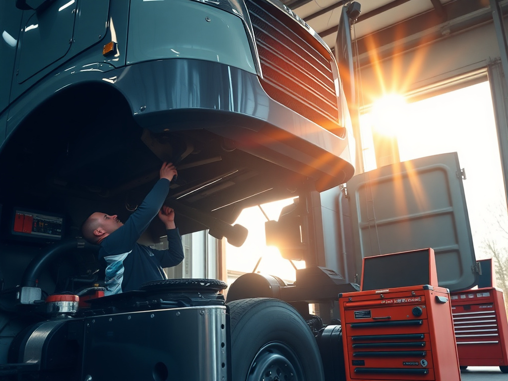 Diesel technician working under the hood of a heavy-duty truck at SJC Diesel Performance in Mesa, AZ